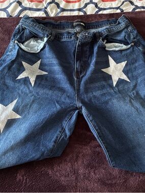 Fashion Nova High Rise Dark Blue Star-Print Wide Leg Jeans